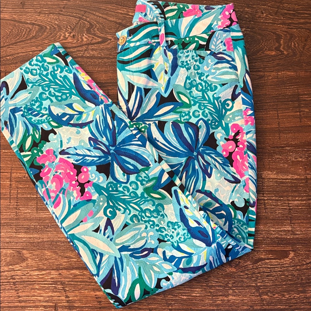 Lilly Pulitzer Kelly Skinny Ankle Pants 8 Maldives Green Tropical Print Stretch - Picture 8 of 8